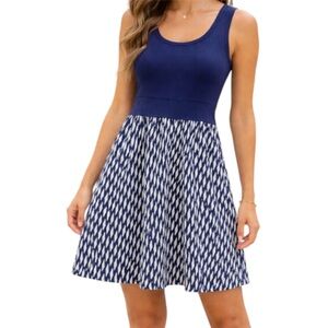 Anthropologie Fei Blue Silk Ikat Diamond Mixed Media Fit Flare Tank Dress Large